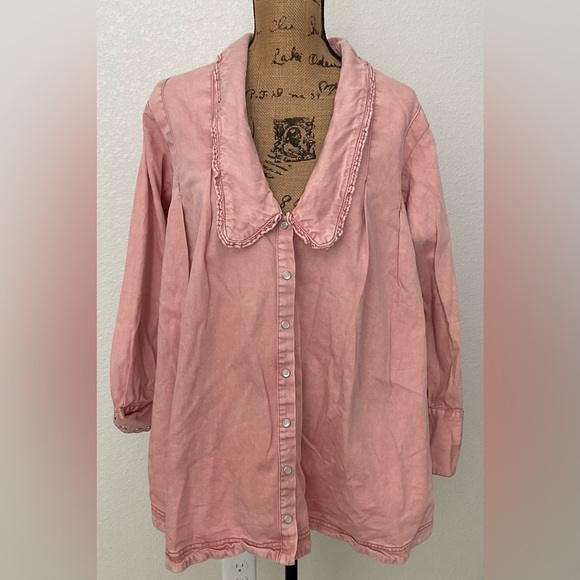 Free People Pink Button-Down Collared Shirt With Ruffled Edges Size S - Picture 1 of 5
